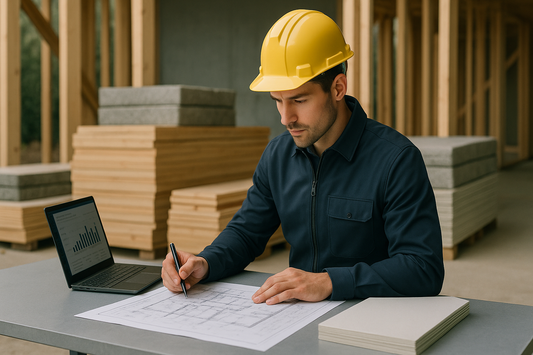 Construction site with timber, insulation boards and planning tools spread across architectural drawings