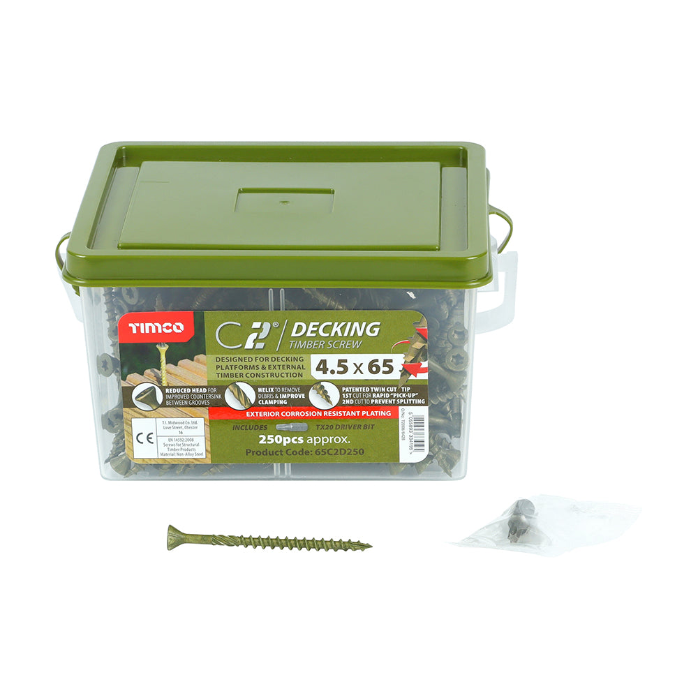 Timco C2 Deck-Fix - TX - Countersunk with Ribs - Twin-Cut - Green 4.5 x 65 Decking Screw (Tub of 250)