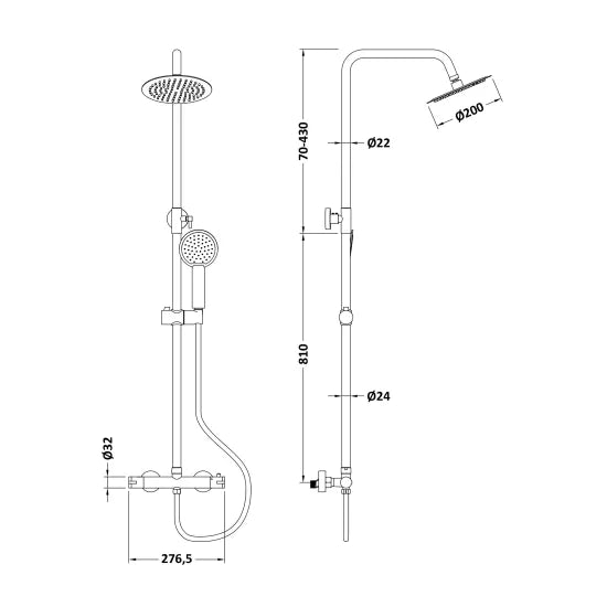 Brass Round bar shower with drencher and sliding handset