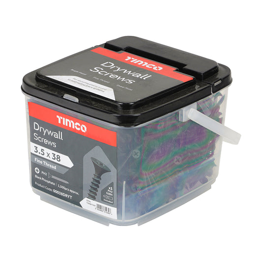 TIMCO - 1500 Tub 3.5 x 38mm Drywall Screws - PH - Bugle - Fine Thread - Black