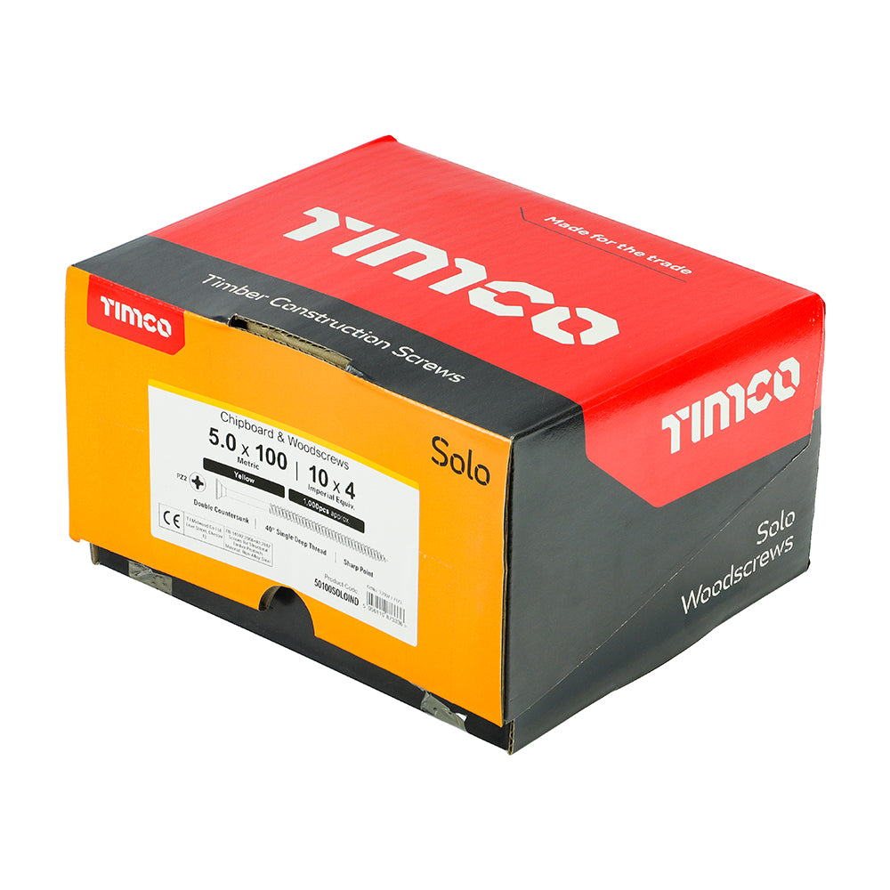 TIMCO - (1000 Screws) Industry Pack - 5 x 100mm Solo Woodscrews - PZ - Double Countersunk - Yellow