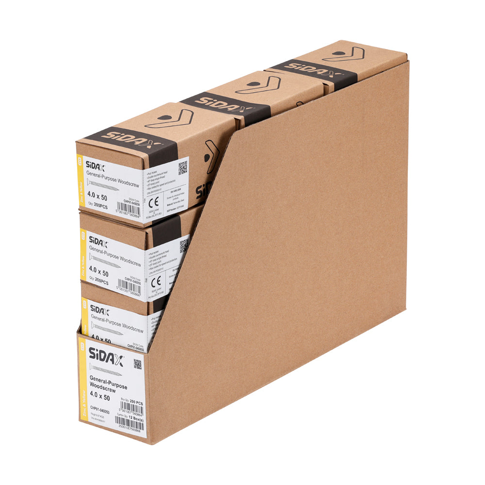 Stack of cardboard boxes with Sidax brand labels on a white background