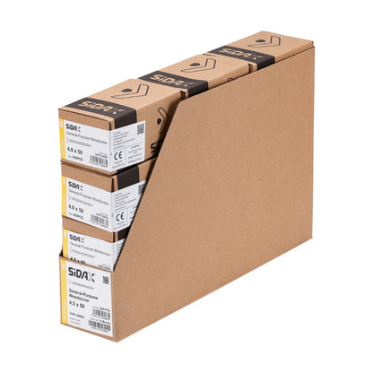 Stack of cardboard boxes with Sidax brand labels on a white background