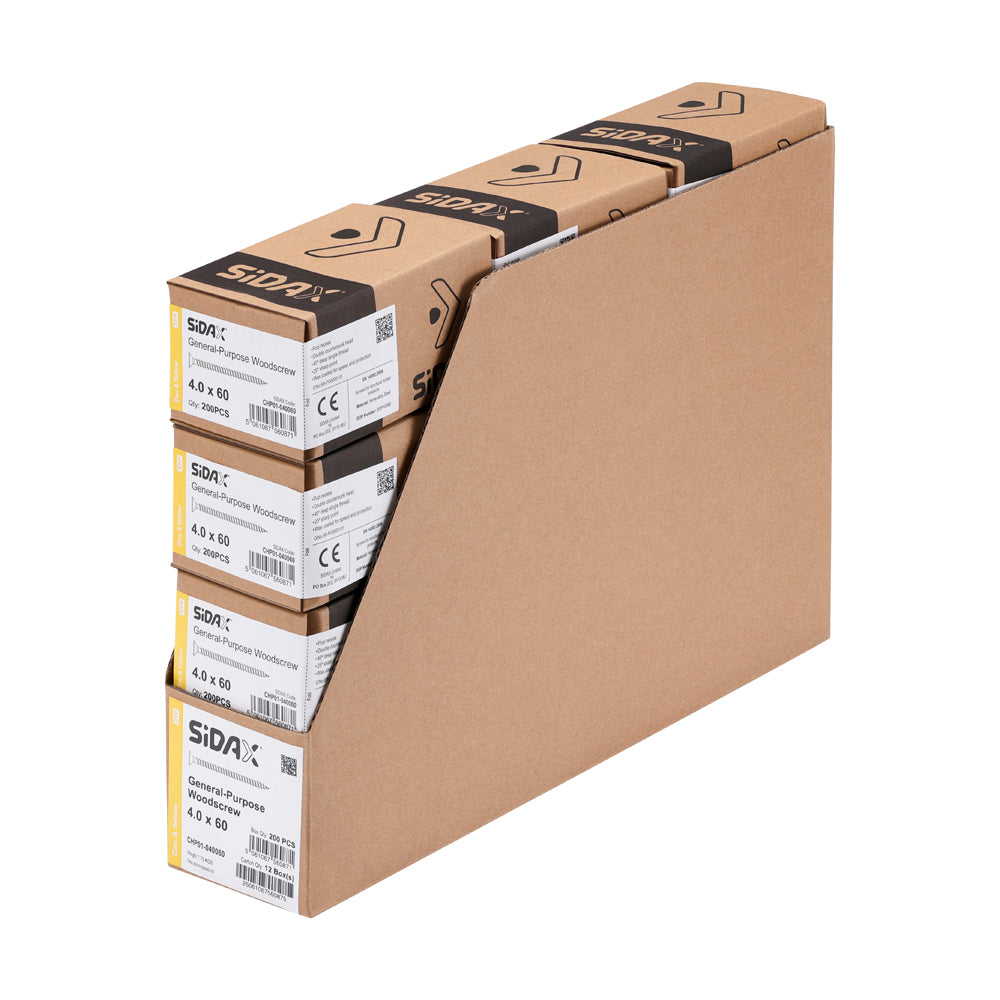 Stack of cardboard boxes with Sidax brand labels on a white background