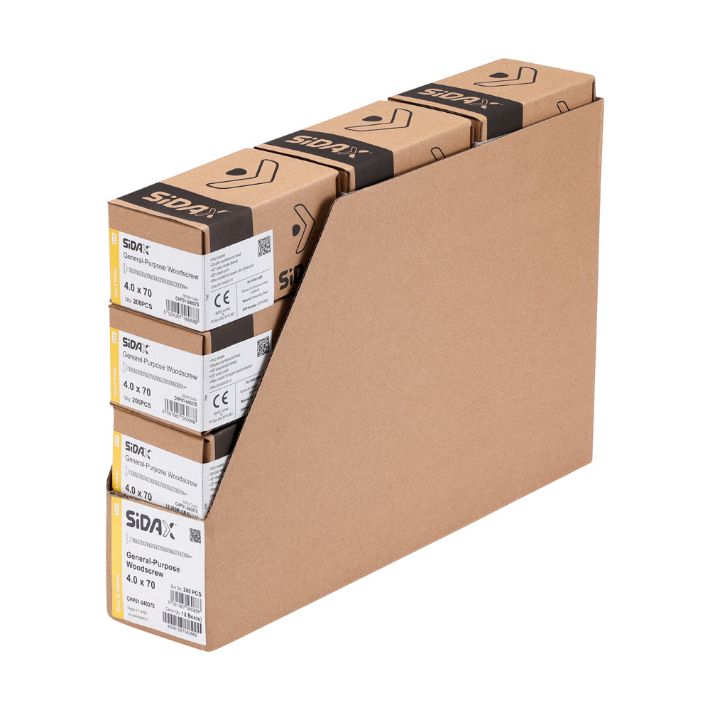 Stack of cardboard boxes with Sidax brand labels on a white background