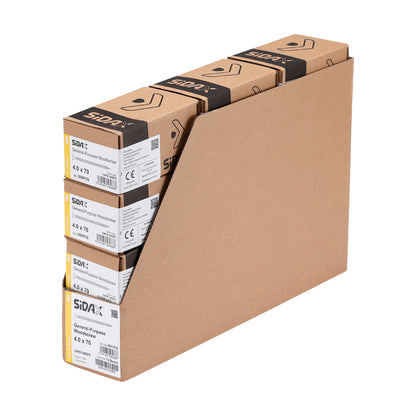 Stack of cardboard boxes with Sidax brand labels on a white background