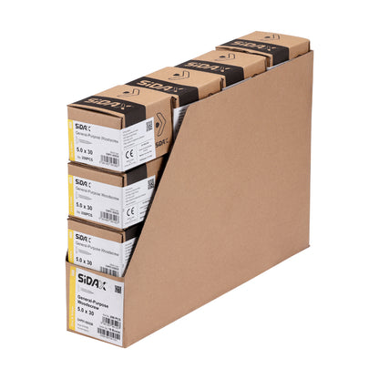 Stack of cardboard boxes with Sidax brand labels on a white background