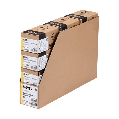 Stack of cardboard boxes with Sidax brand labels on a white background