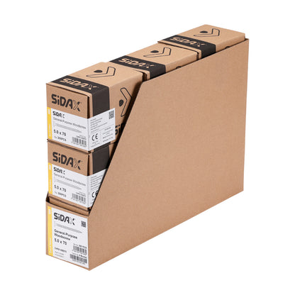 Stack of cardboard boxes with SidaX branding on a white background