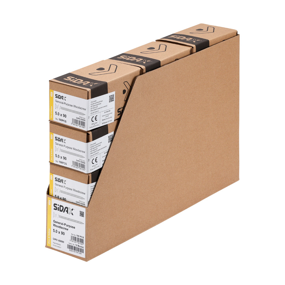 Stack of cardboard boxes with Sidax branding on a white background