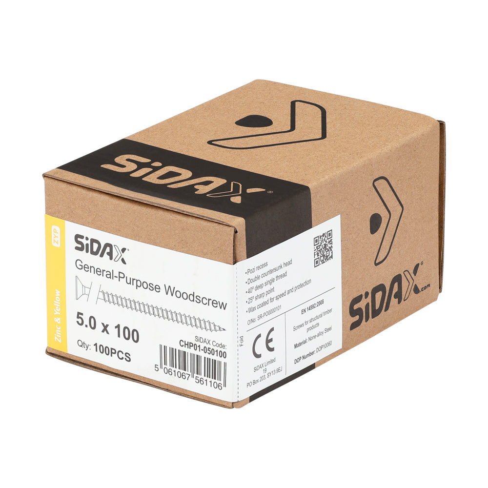 Box of Sidax general-purpose woodscrews on a white background