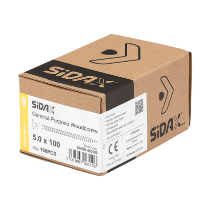 Box of Sidax general-purpose woodscrews on a white background