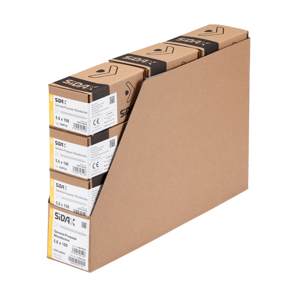 Stack of cardboard boxes with Sidax branding on a white background