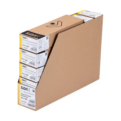 Stack of cardboard boxes with Sidax branding on a white background