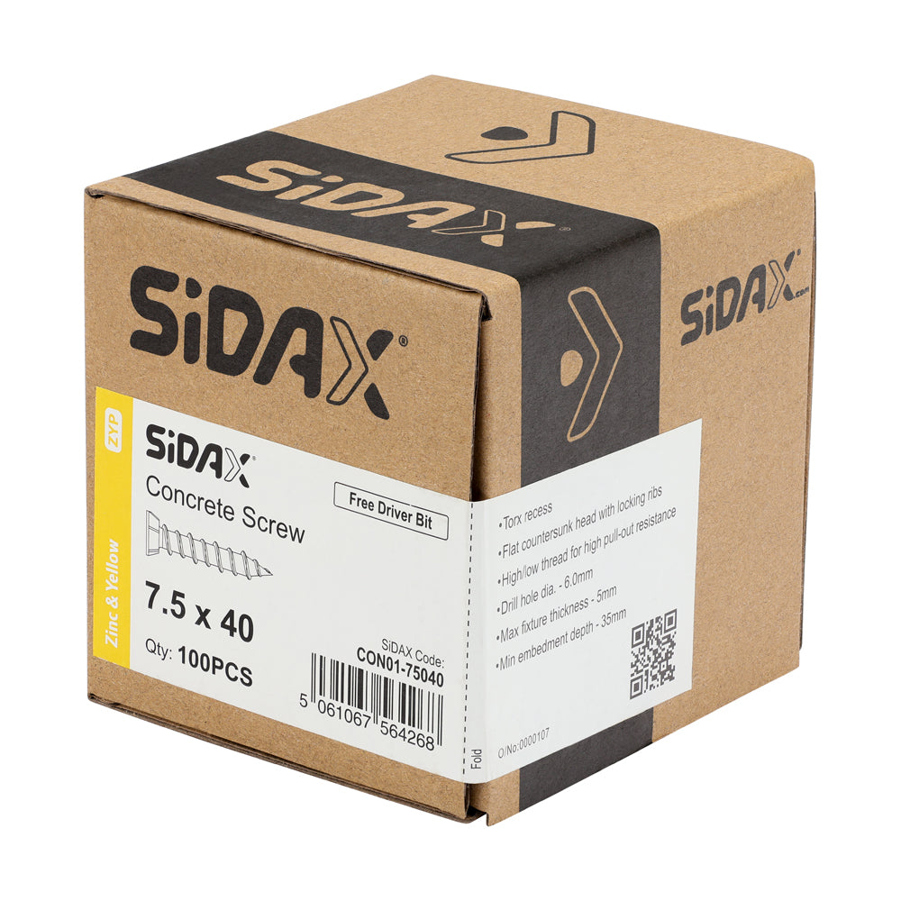 SiDax - Concrete Screws - TorxDrive TX30 - Countersunk with Locking Ribs - Yellow