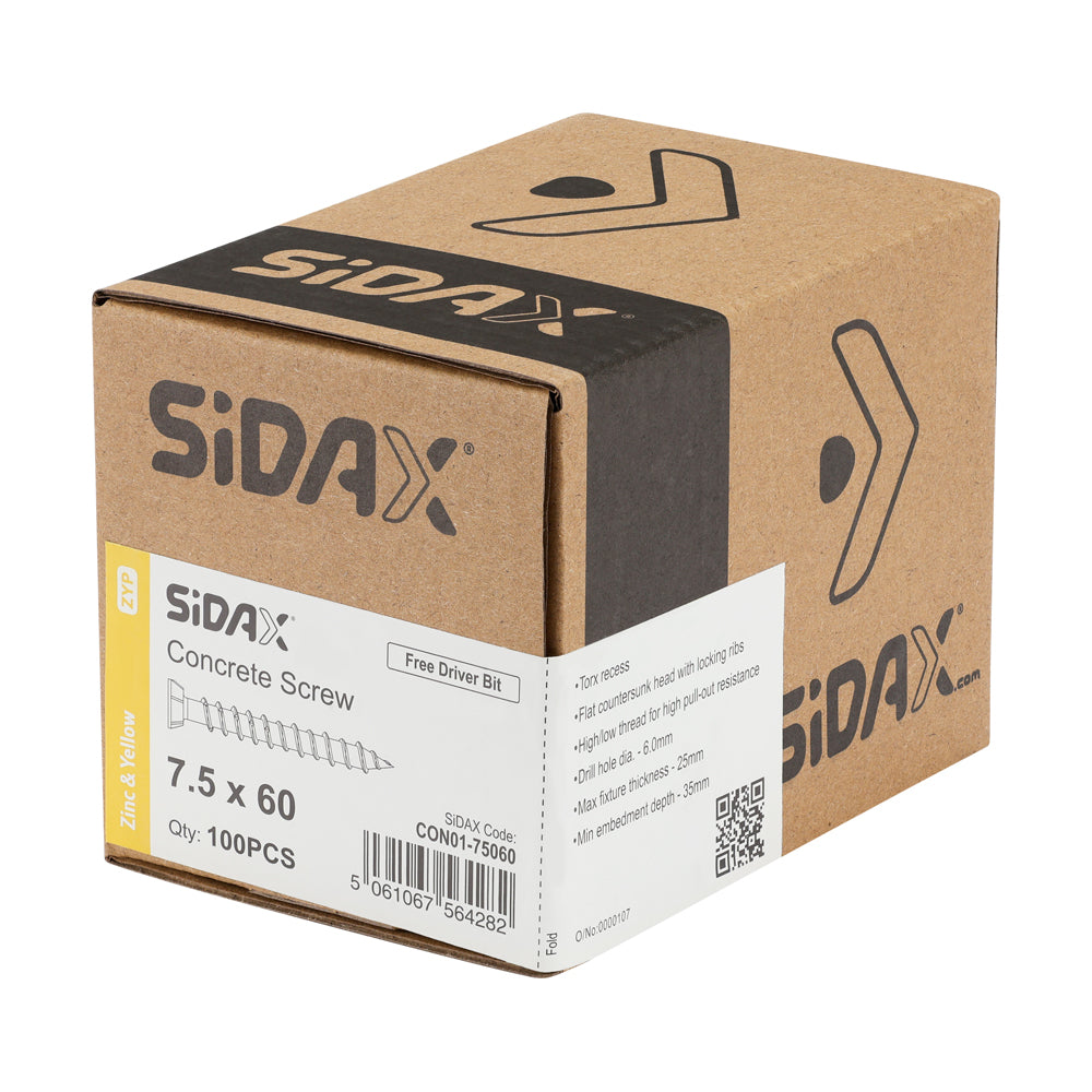 SiDax - Concrete Screws - TorxDrive TX30 - Countersunk with Locking Ribs - Yellow