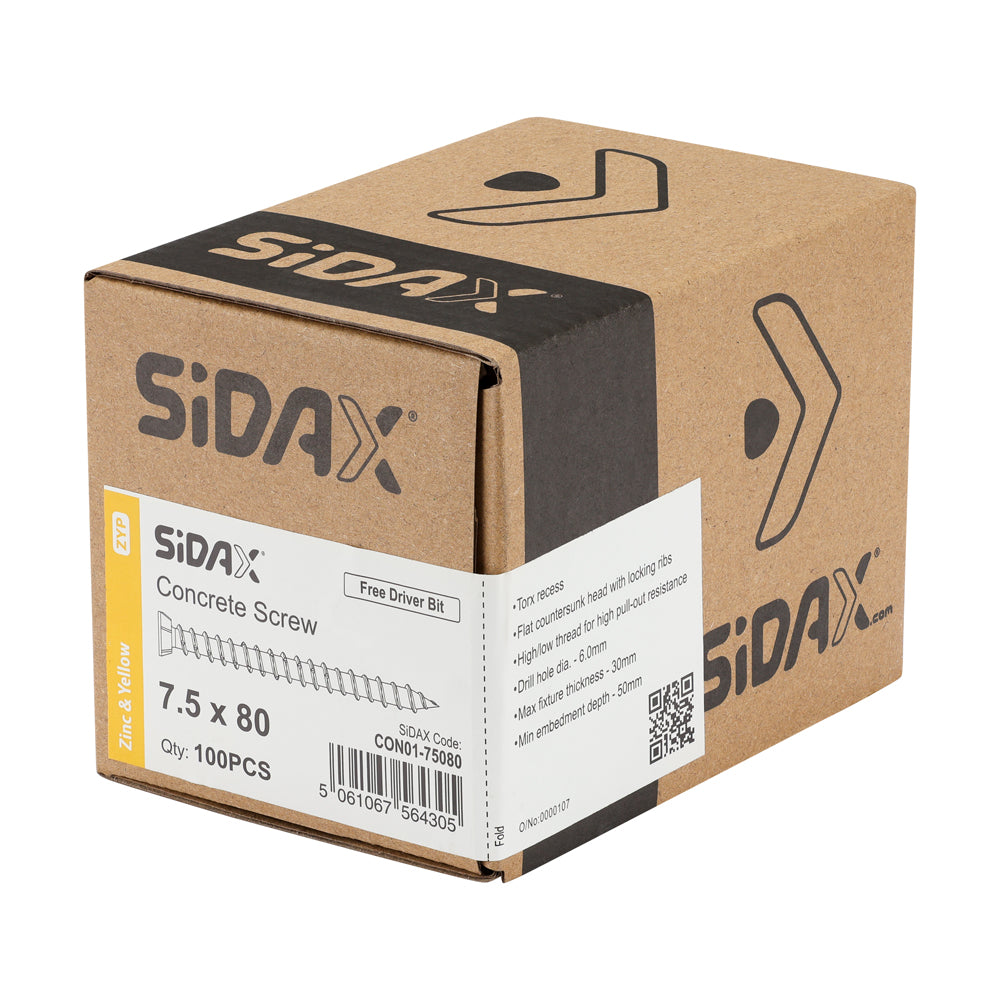 SiDax - Concrete Screws - TorxDrive TX30 - Countersunk with Locking Ribs - Yellow