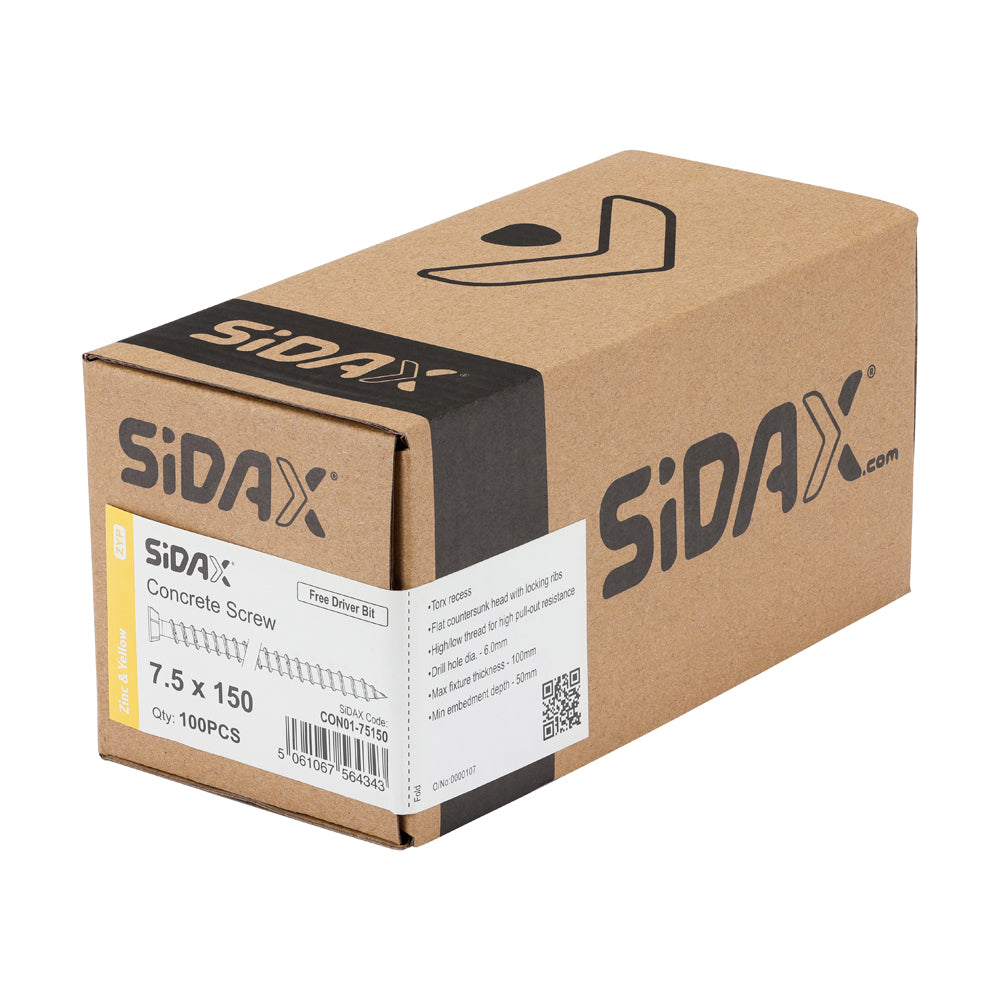 SiDax - Concrete Screws - TorxDrive TX30 - Countersunk with Locking Ribs - Yellow