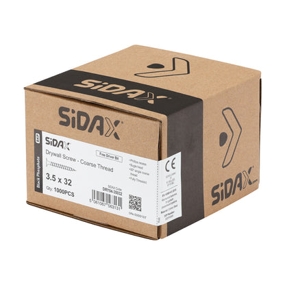 Brown cardboard box with Sidax branding and product details containing drywall screws