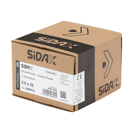 Brown cardboard box with Sidax branding and product details containing drywall screws