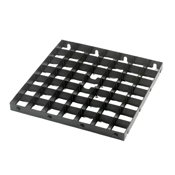 Black grid-like object on a white background