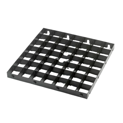 Black grid-like object on a white background
