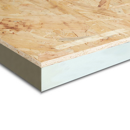 Insulated loft board consisting of a beige OSB layer on top of a white PIR insulation layer, cut to show cross-section.