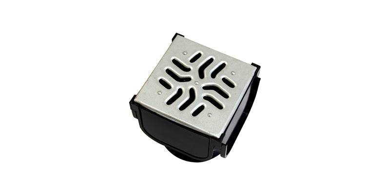 Drainage channel Corner connector with galvanised slotted grate on a white background