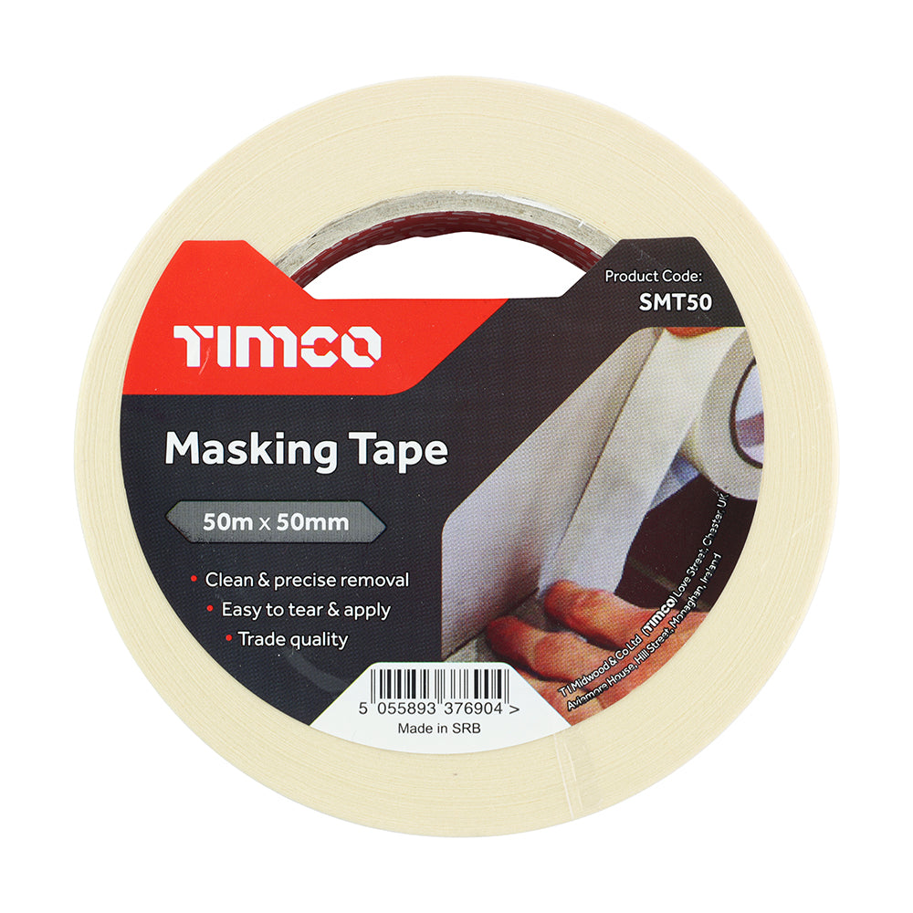 Roll of Timco masking tape with packaging on a white background
