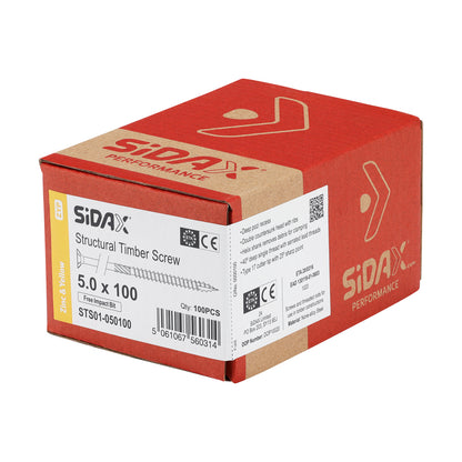 Box of Sidax structural timber screws on a white background