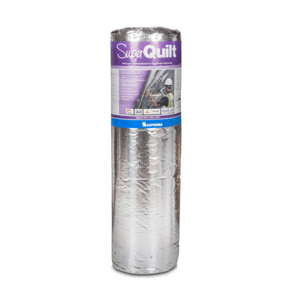 Roll of SuperQuilt insulation with packaging designed for insulating walls, roofs & floors