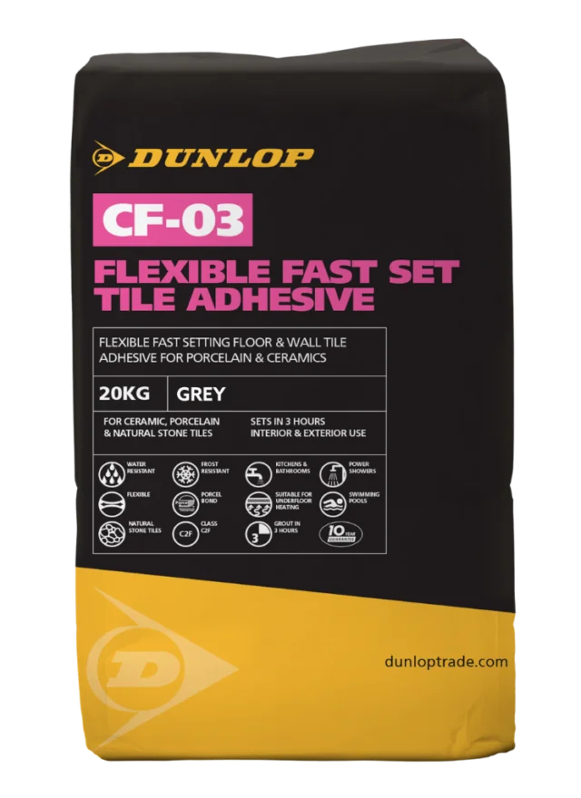 CF-03 Flexible Fast Set Tile Adhesive is a C2F classified rapid-setting adhesive designed for fixing ceramic, porcelain and natural stone tiles