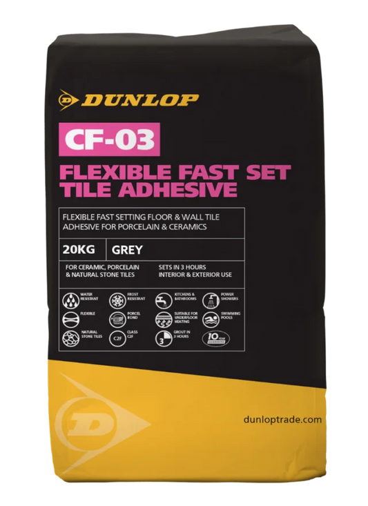 CF-03 Flexible Fast Set Tile Adhesive is a C2F classified rapid-setting adhesive designed for fixing ceramic, porcelain and natural stone tiles