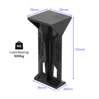 Black metal stand with dimensions and load-bearing capacity indicated on a white background