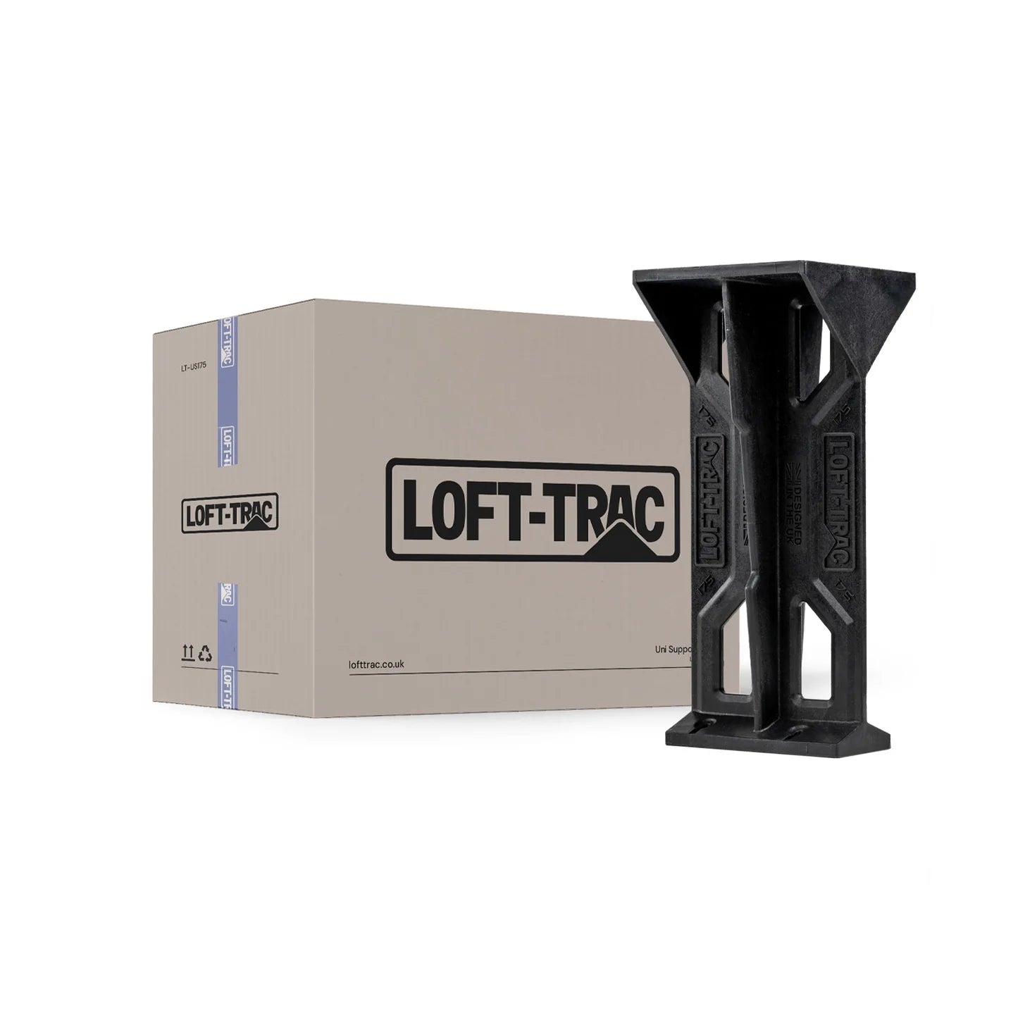 Black 'LOFT-TRAC' product in front of a beige box with the same branding on a white background.