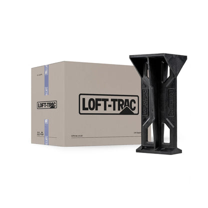 Black 'LOFT-TRAC' product in front of a beige box with the same branding on a white background.
