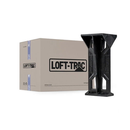 Black 'LOFT-TRAC' product in front of a beige box with the same branding on a white background.